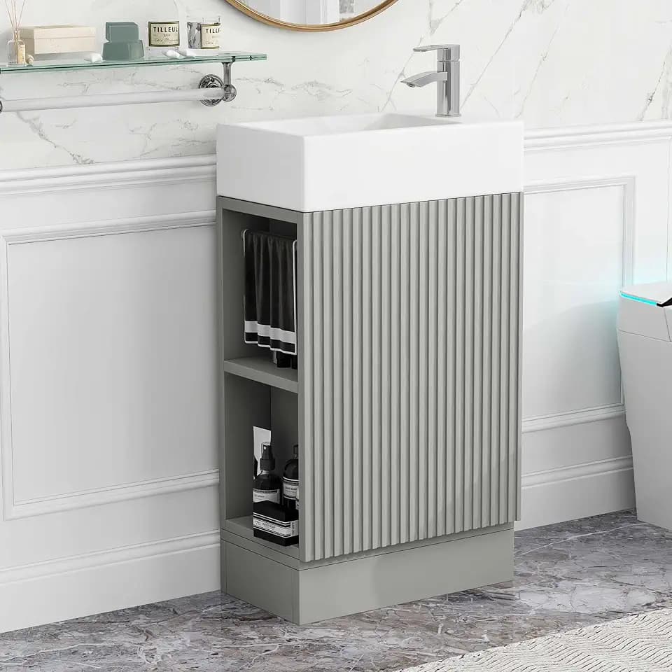 Merax Bathroom Vanity with Sink 18.6 Inch, Cabinet with Storage Shelf & Toilet Paper Holder, Left or Right Available,