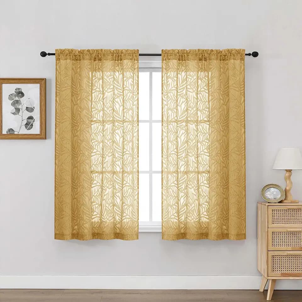 OVZME Gold Sheer Curtains 54 Inch Length 2 Panels, Soft Airy Light Filtering Breathable Leaf Clip Jacquard Textured Short Drapes for Bathroom Bedroom Windows, Dual Rod Pocket, 2x42Wx54L Inches
