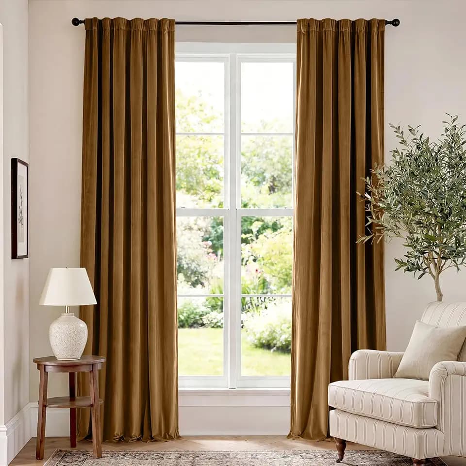 Lazzzy Blackout Golden Brown Velvet Curtains Rod Pocket 52×90 Inch 2 Panels