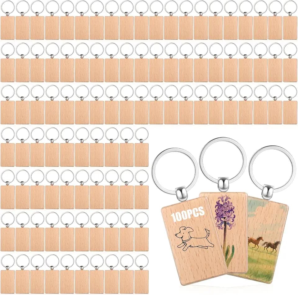 100 Pcs Wooden Keychain Blanks Bulk, Unfinished Wood Engraving Blank Key Chain DIY Rectangular Key Ring Tags for Crafts Gift,Pet Tags