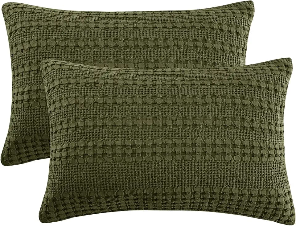 PHF 100% Cotton Waffle Pillow Shams King Size, 2 Pack 20" x 36" Soft Skin-Friendly Pillowcases, No Filling, Aesthetic Woven and Breathable Waffle Weave Pillow Case Covers for Bed, Capulet Olive