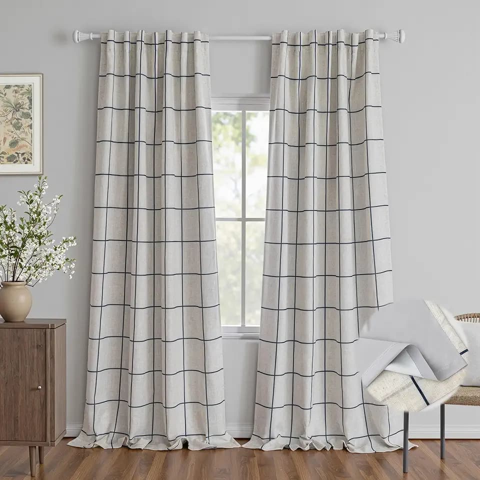 MYSKY HOME 100% Blackout Plaid Farmhouse Linen Curtains 102 Inch Length 2 Panels Set Double Layer Checkered Drapes Thermal Insulated Privacy Protection Rod Pocket Back Tab for Home, 52" W, Navy Blue