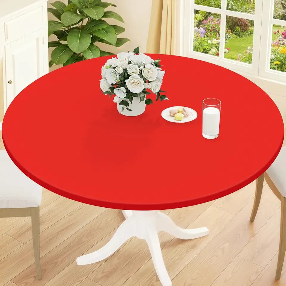 Smiry Round Picnic Tablecloth, Waterproof Elastic Fitted Table Covers for 57" - 68" Tables, Wipeable Flannel Backed Vinyl Tablecloths for Camping, Indoor, Outdoor, Red