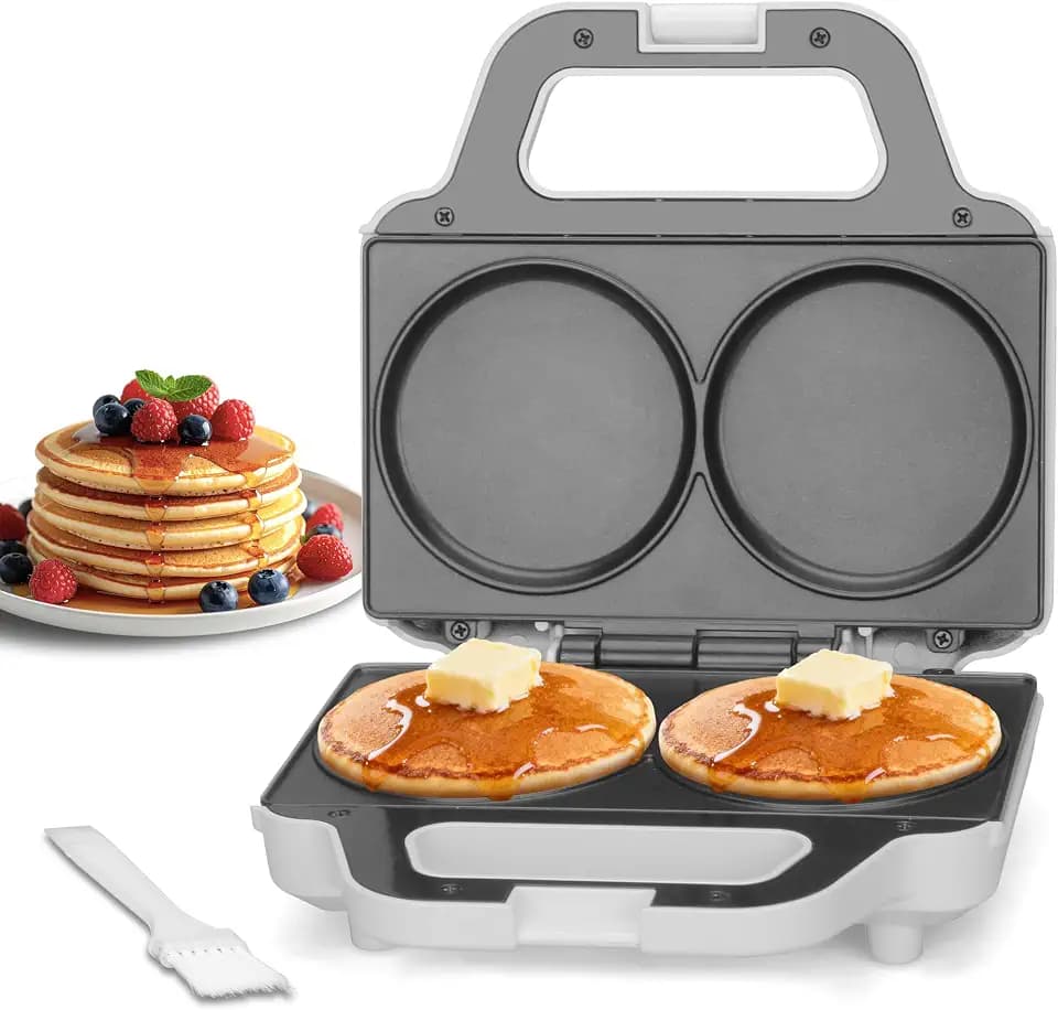SugarWhisk Double Mini Pancakes Maker Machine, Arepa Maker, Electric Pancake Maker Griddle, Ideal for Pancakes, Cookies, Eggs, Arepas & Breakfast Sandwiches, White, 4 Inch