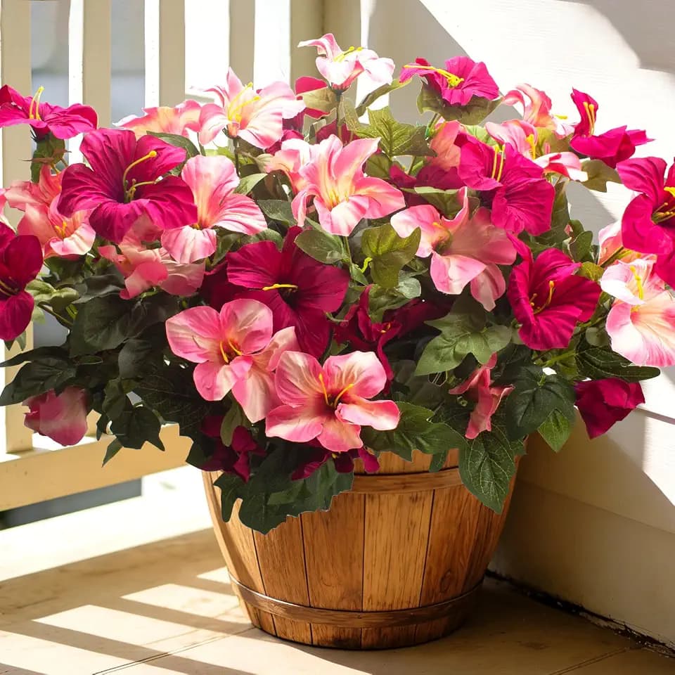 Artificial Rose Red Petunias, 4 Pack UV Resistant Faux Flowers for Outdoor