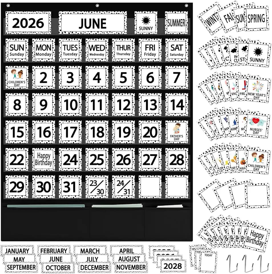 QOUBAI 120Pcs Classroom Calendar Black and White Polka Dot Calendar Bulletin Board Set Classroom Decoration Calendar Seasons Weather Chart for Classroom Decor Back to School Supplies
