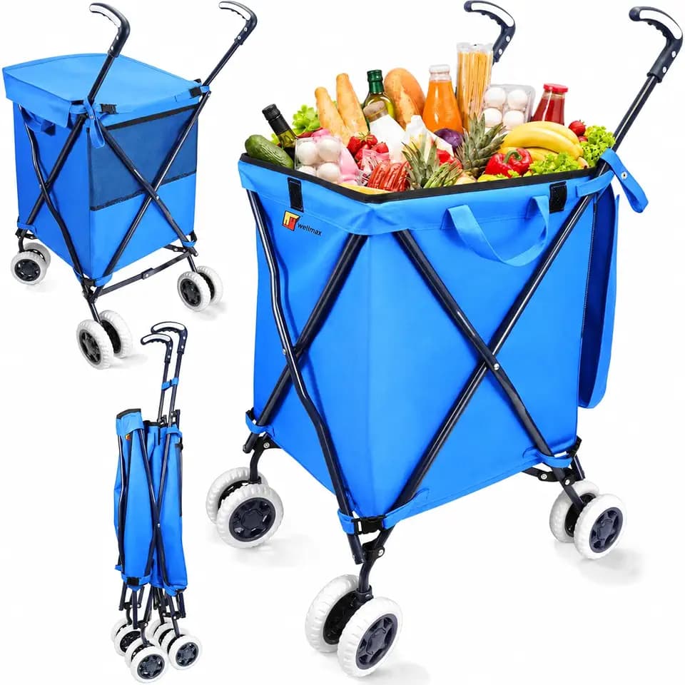 Wellmax Folding Shopping Cart with Canvas Bag & Cover, Holds 120 lb, Blue