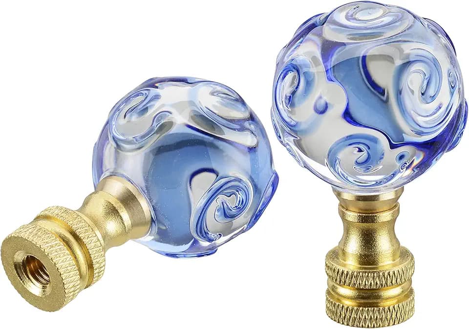 Aspen Creative 24034-22, Sphyer Finial for Lamp Shade, Clear Glass w/Blue Spiral Grain 2 Tone in Brass Finish, 2" Height. 2 Pack