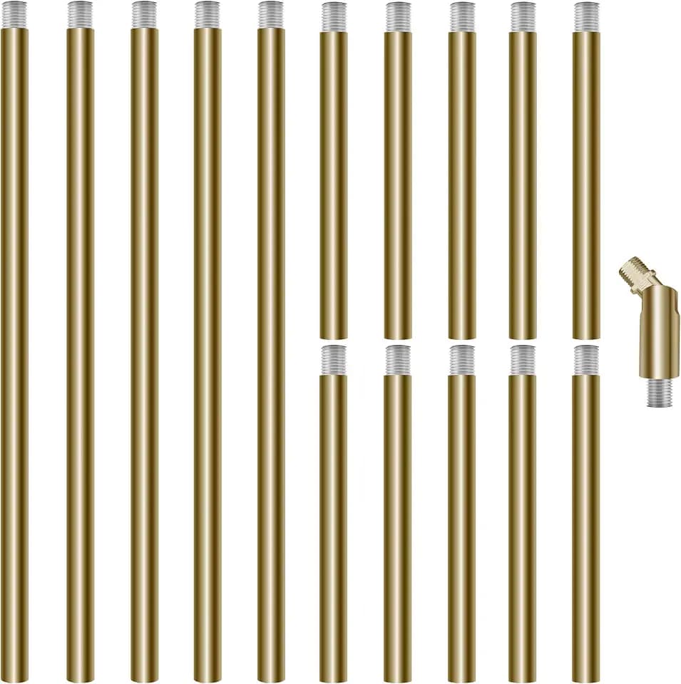 M10 Threaded Extension Poles, 5 PCS 12-inch & 10 PCS 6-inch Lighting Fixture Downrods Stems & 180 Degrees Sloped Ceiling Adapter Kits for Pendant Light, Island Lighting, Chandeliers (Brass)