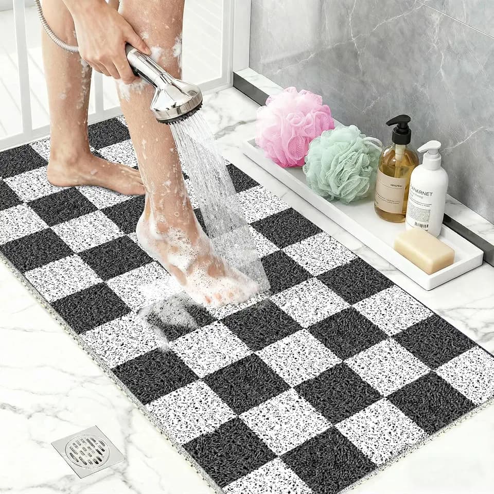 BLESWIN Non Slip Loofah Shower Mats 24"x16", Quick Drying Bath Mat for Bathroom Floor, PVC Bath Mat for Inside Shower, Soft Textured & Elderly Safe, Black Checkered