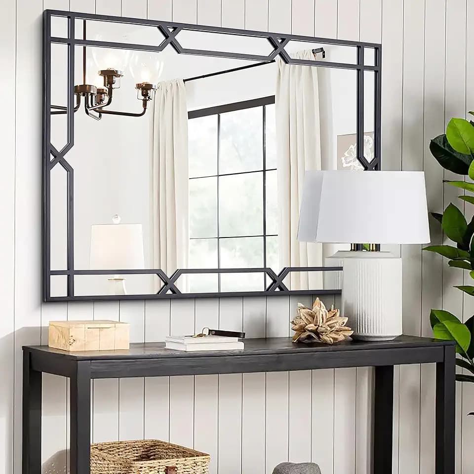 Chende 47"x32" Black Mirror for Wall Decor, Large Rectangular Decorative Mirror with Matte Black Metal Pipe Frame for Dining Room Living Room, Bathroom, Entrance, Fireplace