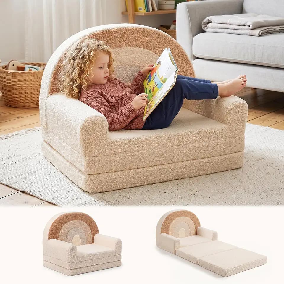 2-in-1 Extra Large Kids Couch Fold Out, Soft Kid Sofa for Playroom, Beige