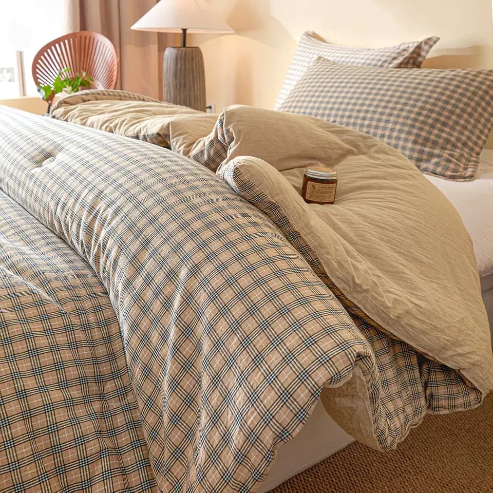100% Cotton Comforter Set King Size – Reversible Yarn-Dyed Checkered Design, Soft Washed Cotton on Both Sides, Lightweight All-Season Bedding, Machine Washable(Beige Plaid, 104”x90”)