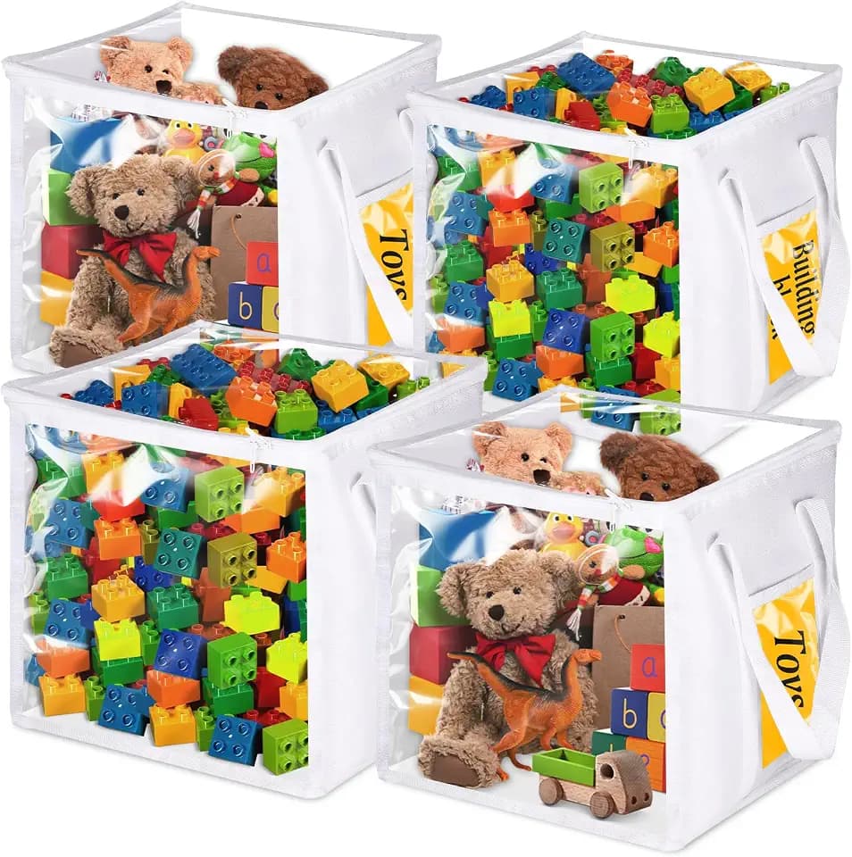 4 Pack Clear PVC Storage Bins with Handles - 12" x 12" Cube Storage Bins Foldable Transparent Storage Box, PVC Organizer Boxes for Clothes, Toys and Stuffed Animal Storage (White)