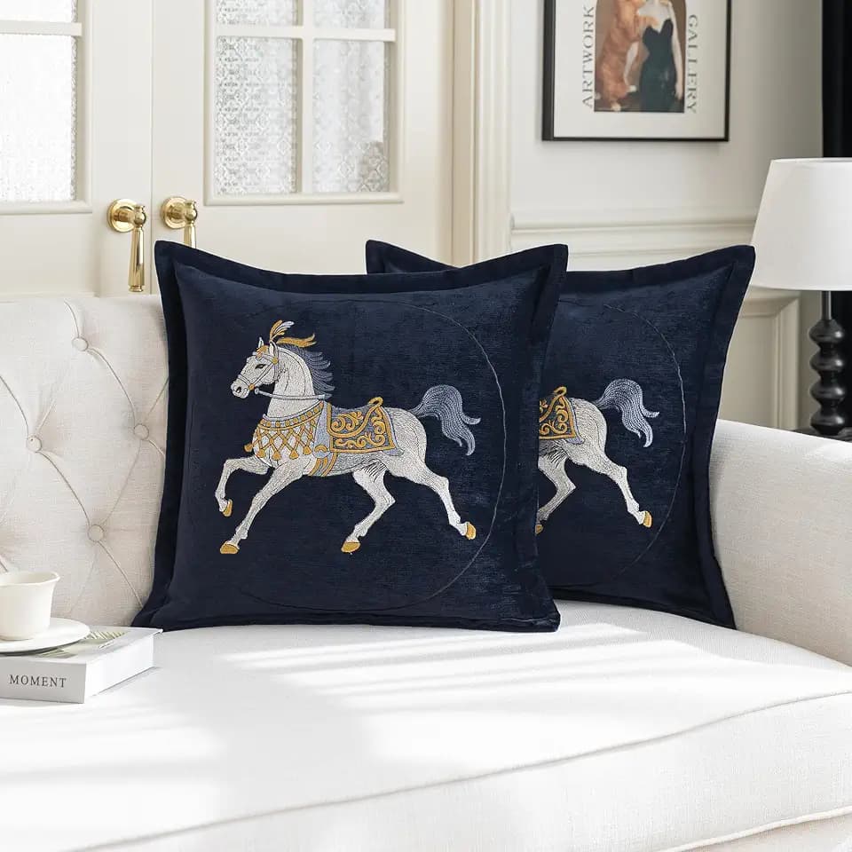 Embroidered Horse Throw Pillow Cover 20x20, 1 Piece, Dark Blue
