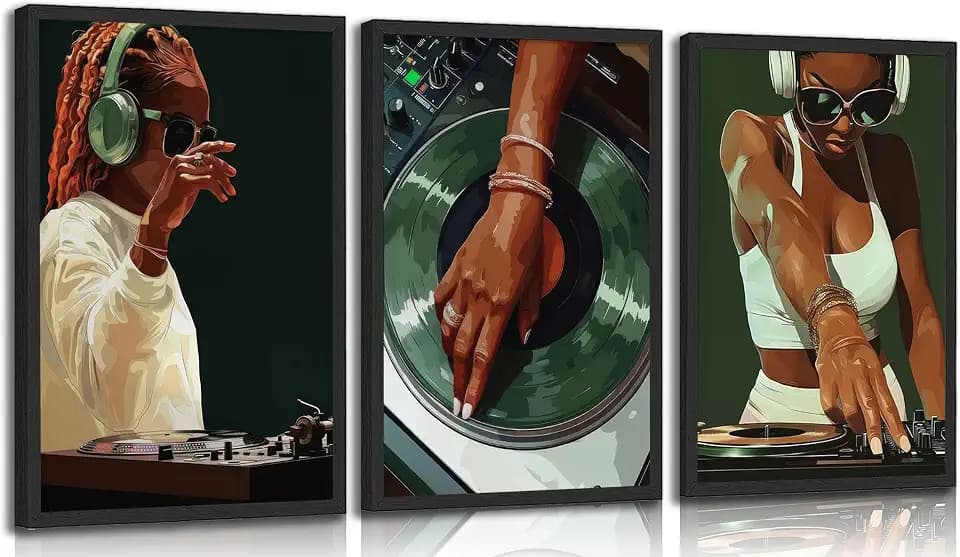 3pcs Trendy Black Girly Dj Canvas Wall Art Fashion African American Black Women Posters Prints Paintings Muisc Record Wall Decor Pictures for Bedroom Living Room Decoration Unframed