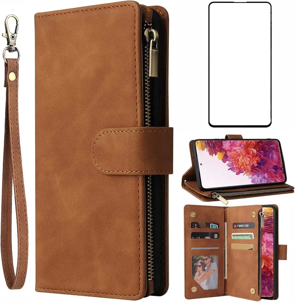 Asuwish Kompatibel mit Samsung Galaxy S20 FE Gaxaly S 20 FE 5G UW 6,5 Zoll Wallet Case Panzerglas Displayschutzfolie und Kartenhalter Handyhüllen für Glaxay S20FE5G S20FE 20S Fan Edition 4G G5 Braun