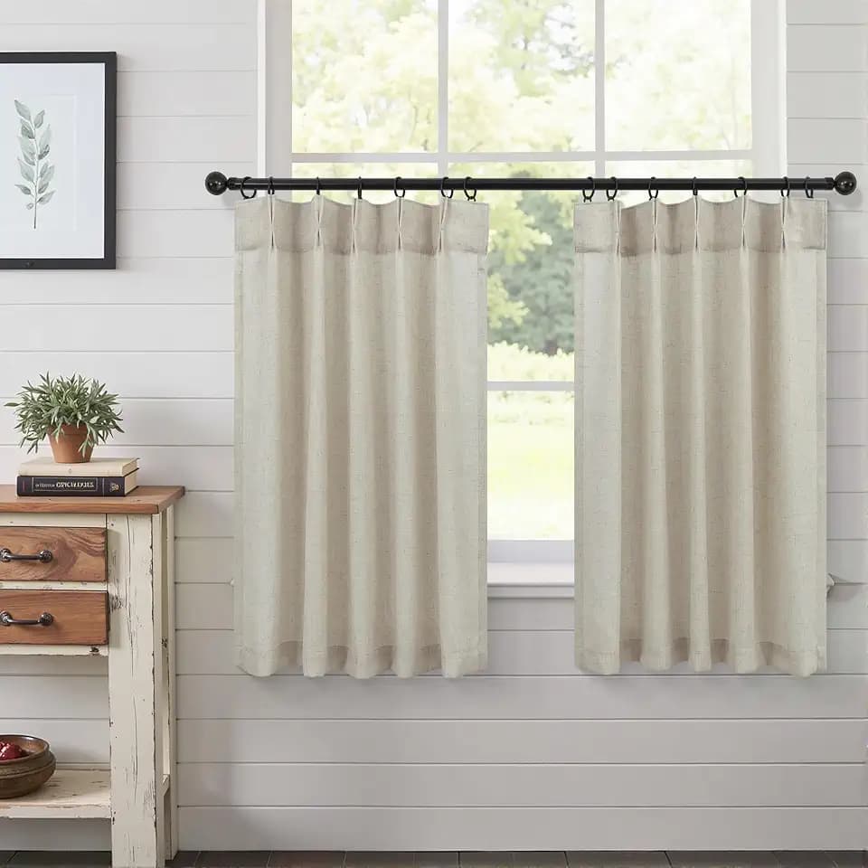 Burlap Kitchen Curtains Over Sink Window Set 30 Inch Length Pinch Pleated Small Curtain Back Tab Farmhouse Linen Coastal Rustic Earth Tone Short Curtain Tier for Laundry Bay Window 30x30 Beige