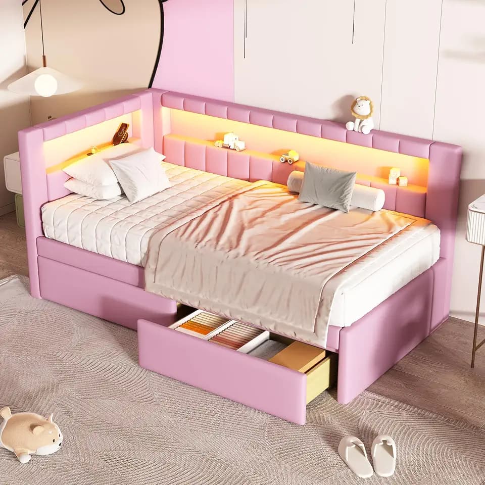Merax Twin Size Modern Upholstered Platform Bed with USB Ports & Storage Drawers, Floor Sofa Daybed with Wood Slat Support, Storage Bed Frame with Headboard/Twin, Pink