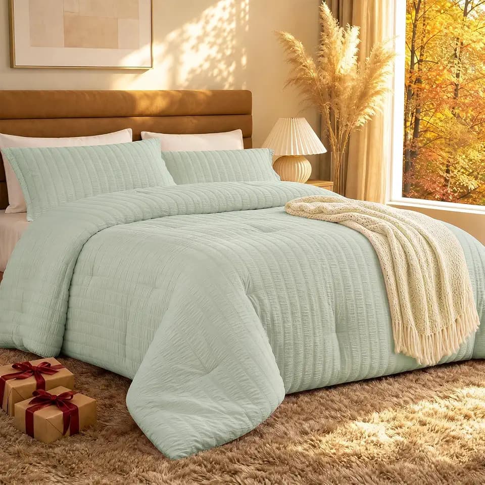 Quataly Oversized Queen Comforter Set 3PCS Seersucker Lightweight Bed Set