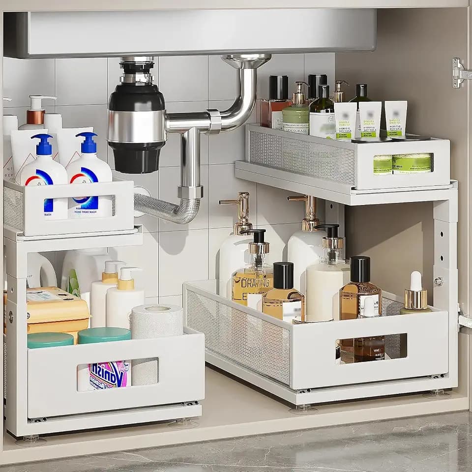 2 Pack Under Sink Organizer With Next-Gen Ball-Bearing Slides,2-Tier Pull Out Cabinet Storage,Height Adjustable Drawer Shelf for Bathroom,Kitchen,Laundry,Cabinet,Pantry(Patent Pending)