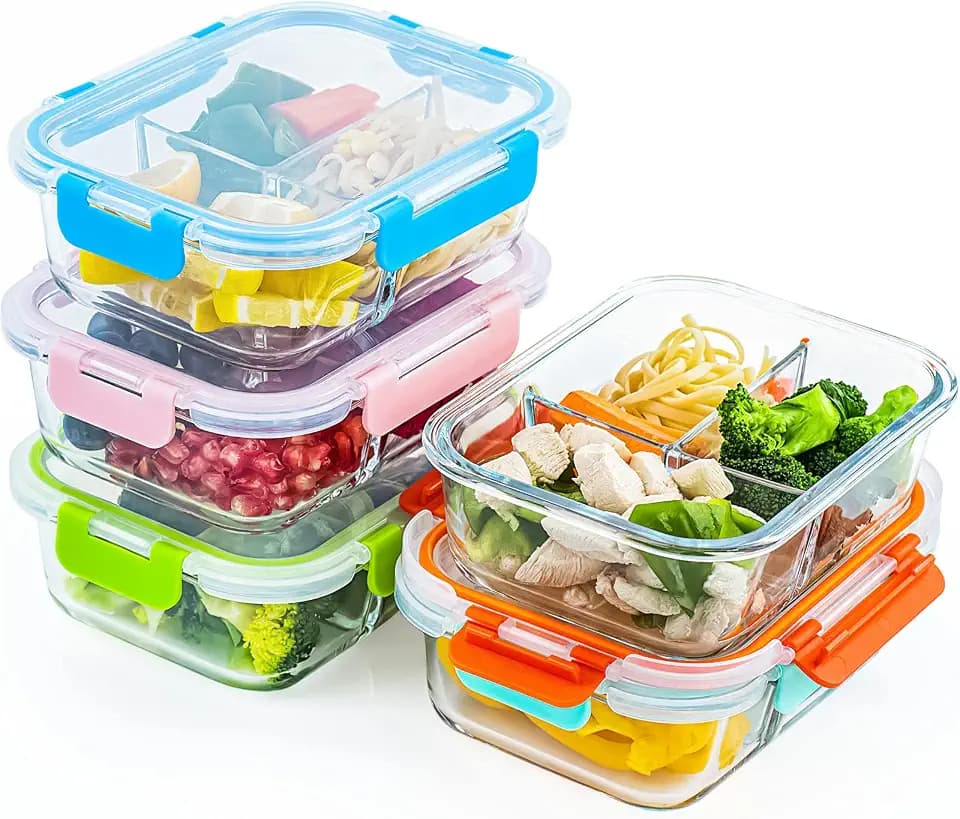 UMEIED Glass Meal Prep Containers 3 Compartment with Lids (5 Pack, 36oz)