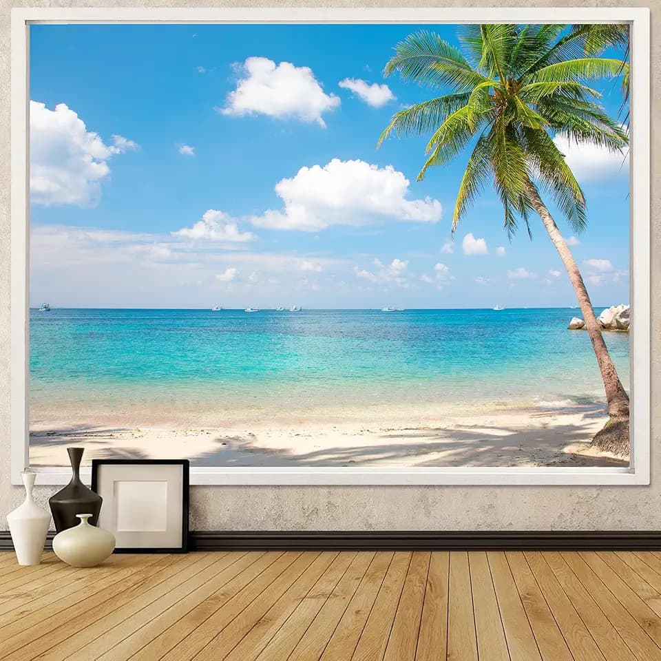 Leeisysme Beach Landscape Tapestry, Tropic Ocean Sea Island Palm Tree Seaside Tapestries for Living Room Summer Window Wall Hanging 60×80 Inch