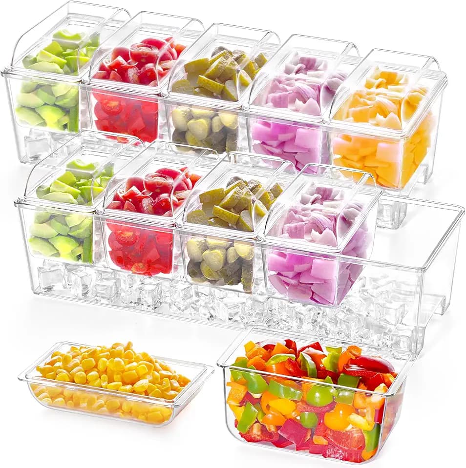 Lifewit Chilled Condiment Caddy with 5 Individual Lids, Garnish Tray 2 Pcs