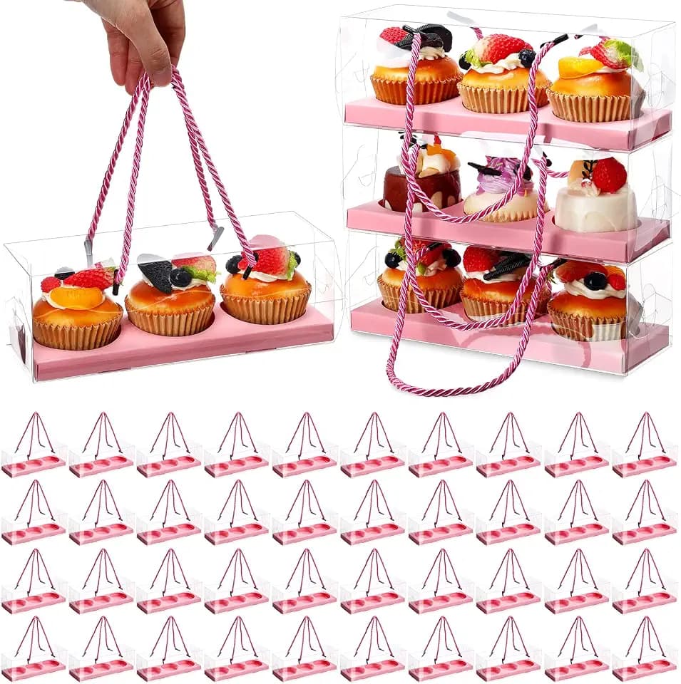 Thenshop 40 Pcs Clear Cupcake Boxes 9x3x3 in 3 Compartment Holder,Pink
