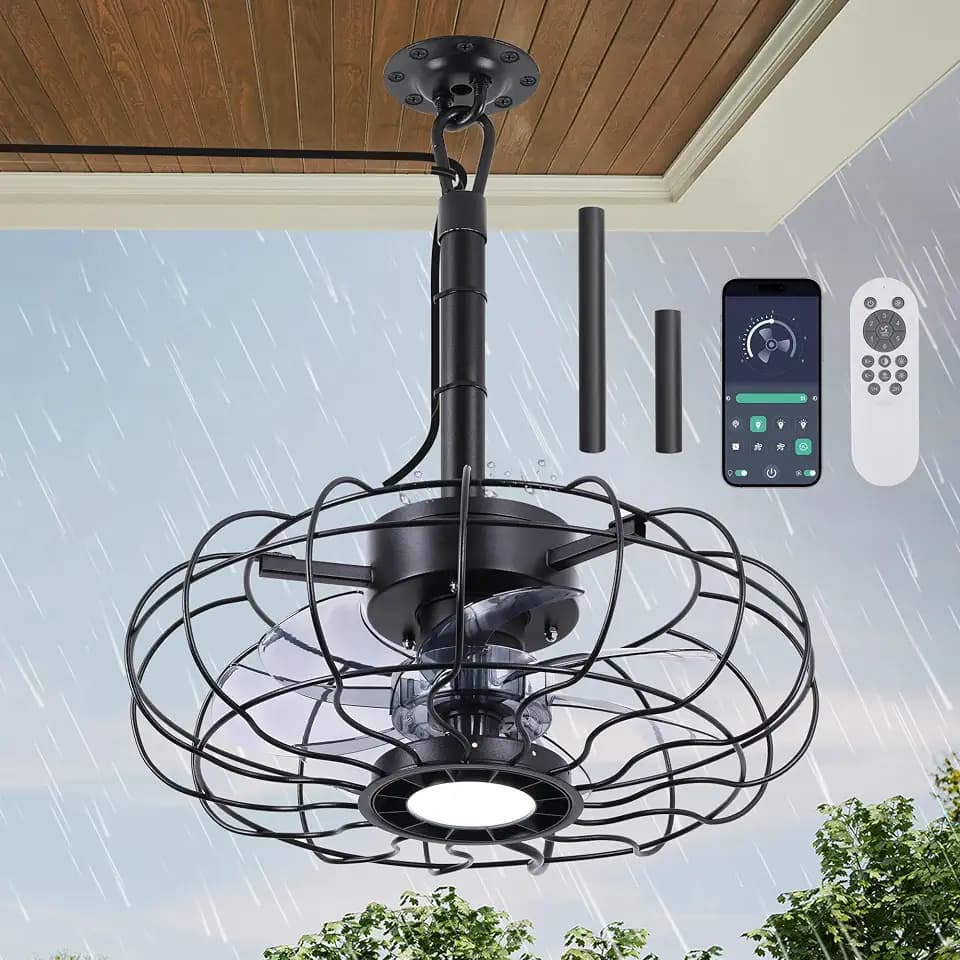 15" Outdoor Ceiling Fan with Light, With Remote and App Remote, IP65 Waterproof Gazebo Hanging Fan, 3CCT Dimmable, Portable Plug in Ceiling Fan with Cord Hook for Patio Porch Pergola Indoor(Black)