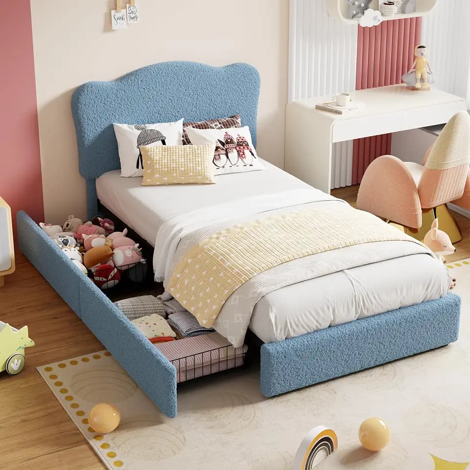 Garvee Upholstered Full Size Bed Frame for Kids with 2 Drawers, Velvet Twin Bed for Girls, Boys, Sturdy Platform Bed, No Box Spring Needed, Noise Free, Blue