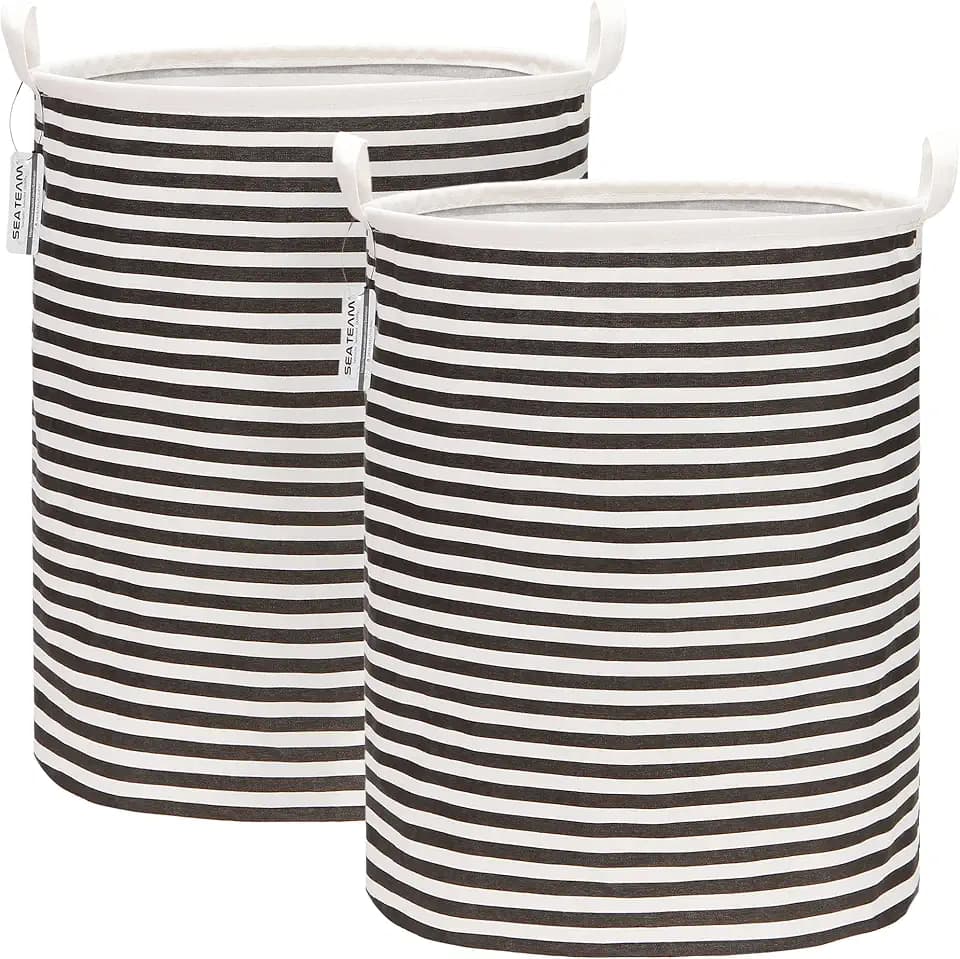 Sea Team Large Canvas Laundry Basket with Handles, Black Stripes, 2-Pack