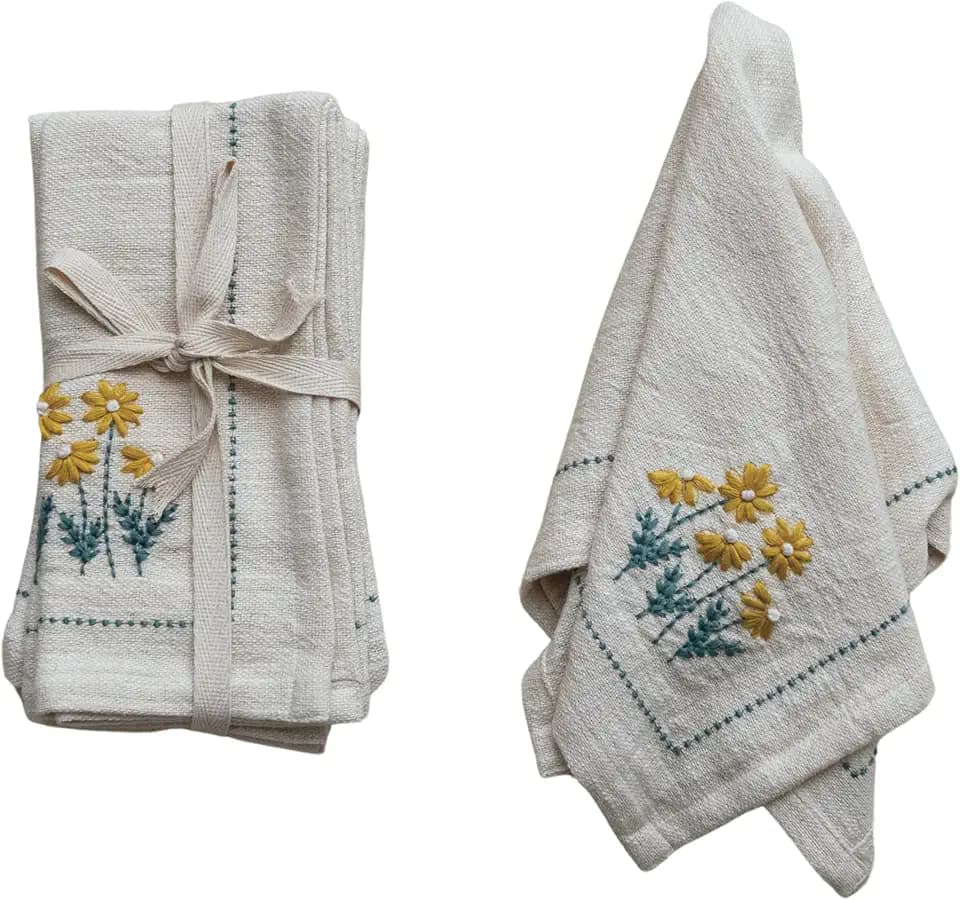Creative Co-Op Floral Hand-Embroidered Cotton Napkins, Multicolor, Set of 4
