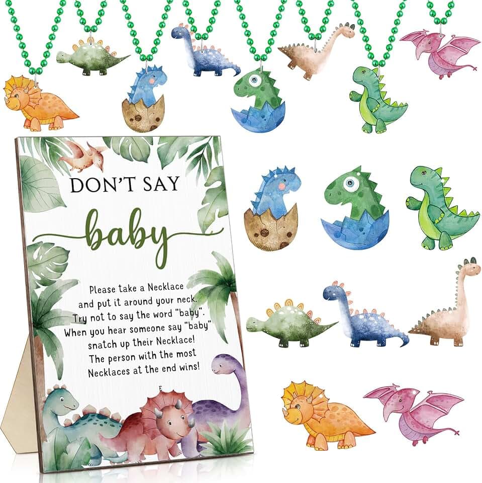 Roowest 51 Don't Say Baby Shower Game Dinosaur Baby Shower Decorations Included Dinosaur Game Sign Wood Table Sign 50 Felt Dinosaur Necklaces for Gender Reveal Party Favors