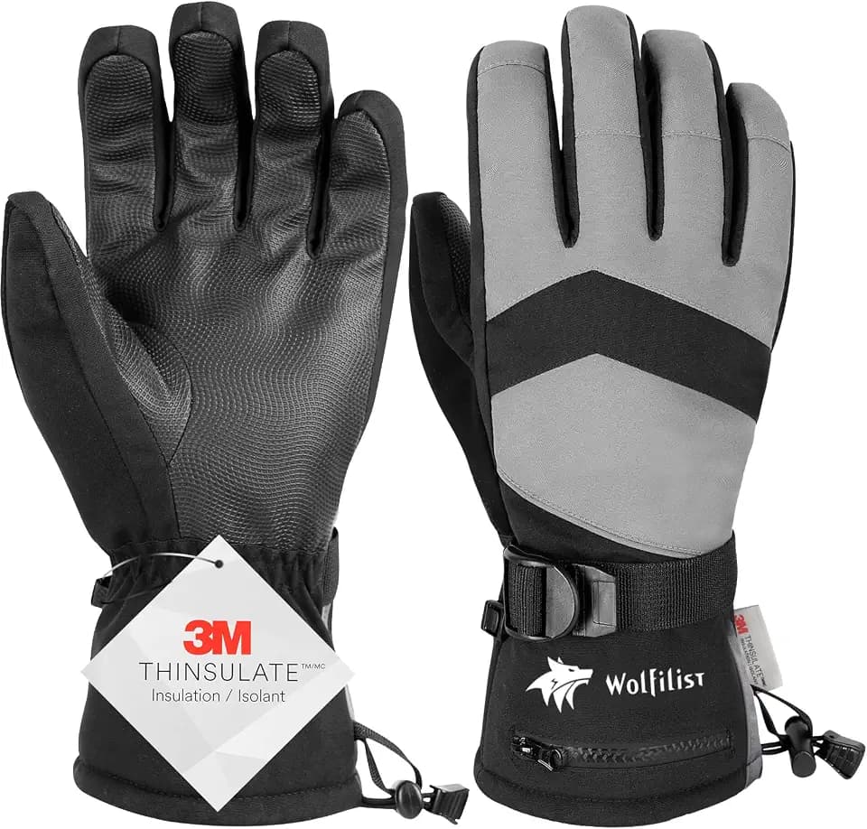 WOLFILIST Ski Gloves Waterproof Windproof - 3M Thinsulate Insulated Warm Snow Glove, Snowboard Gloves with Zipper Pocket, Touchscreen Winter Glove for Men Women