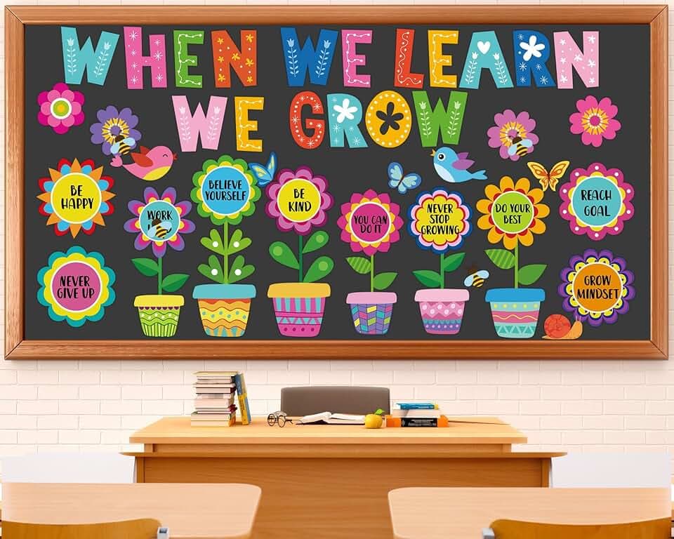 82Pcs Summer Themed Flower Growth Mindset Bulletin Board Set Classroom Decorations When We Learn We Grow Floral Cutouts Positive Sayings Colorful Flower Cutouts for Kids Back to School Offices Supply
