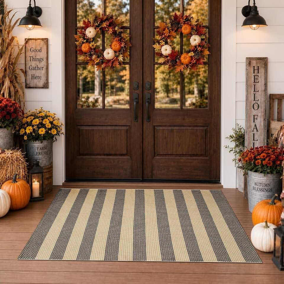 OJIA Tan Washable Outdoor Rugs 3'x5' Front Door Mat Fall Porch Rug Decor