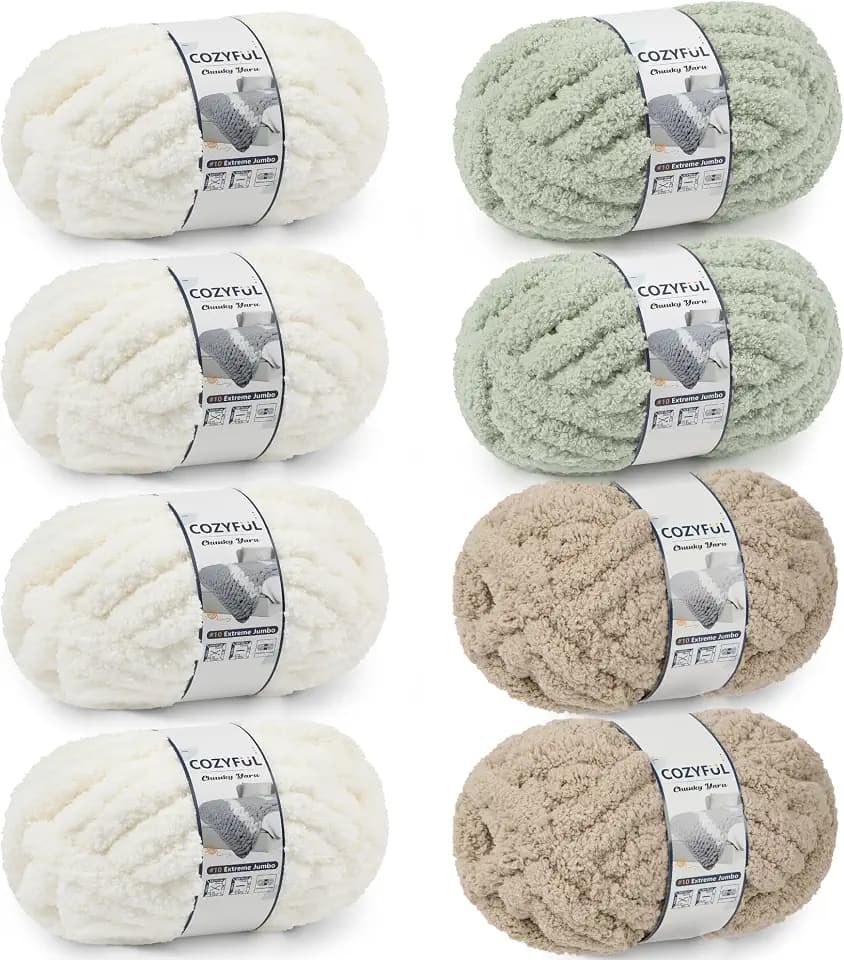Cozyful Chunky Yarn for Hand Knitting - #10 Chunky Chenille Yarn, Jumbo Big Thick Chunky Yarns for Crocheting, Super Bulky Chunky Knit Blanket Yarns, 8 Skein (22yd, 8oz/Skein), Cream & Sage & Khaki