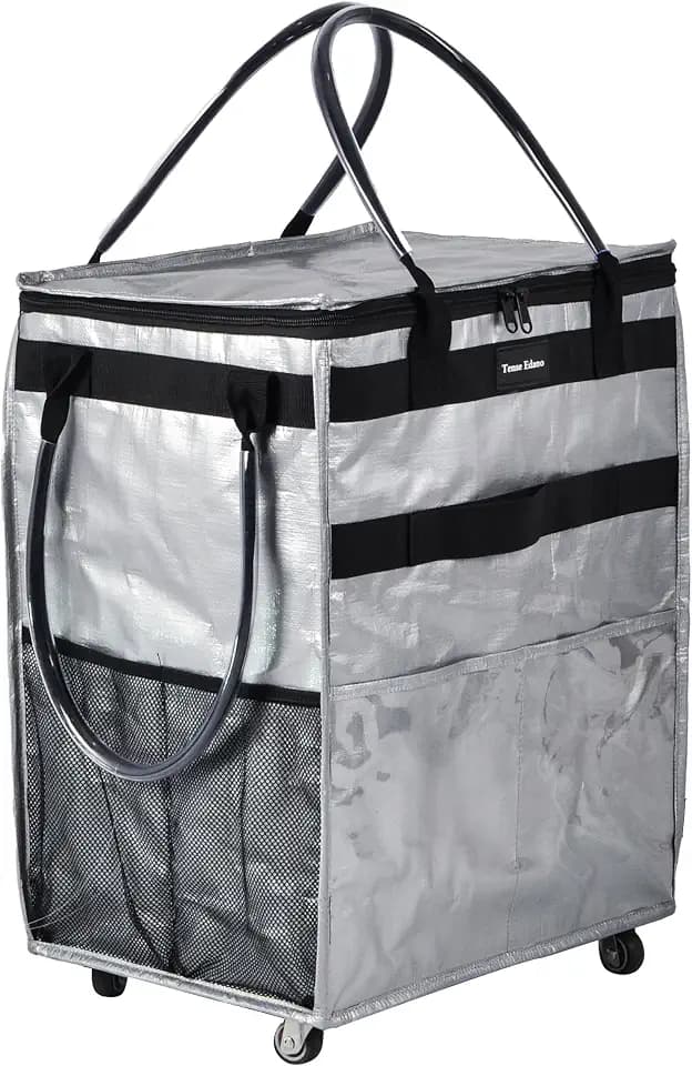 Reusable Grocery Bag On Wheels Large Capacity Shopping Trolley Foldable Rolling Tote with Outside Pocket, Heavy Duty Handle (Silver, Large)