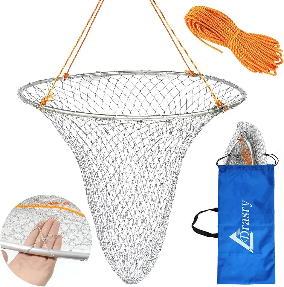 Drasry Foldable Bridge and Pier Fishing Net Landing Net High Load-Bearing Aluminum Ring Drop Net for Saltwater Freshwater Pier Fishing Baskets Net Collapsible with 49.2 FT Rope