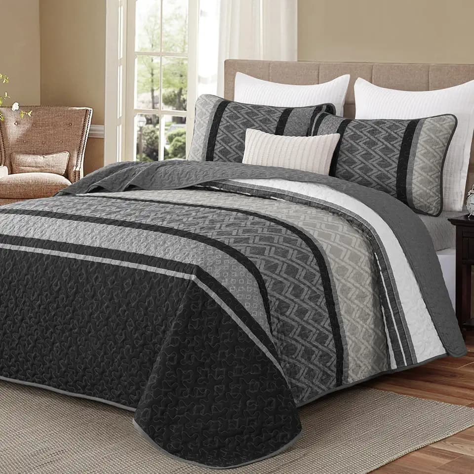 Dinjoy Quilts King Size, Striped Bedspread Bedding Sets, Dark Grey