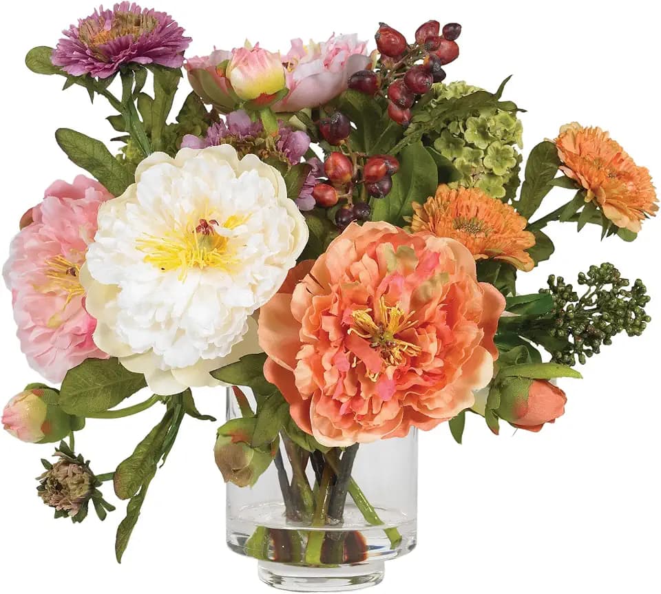 Nearly Natural 10 in Artificial Peony Arrangement in Glass Vase