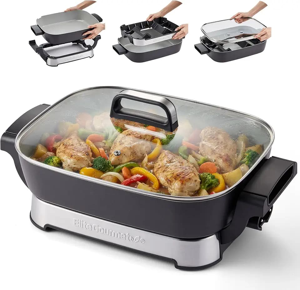 Elite Gourmet Stow-Away Ceramic Skillet, PFAS-Free Ceralast™, 1500W