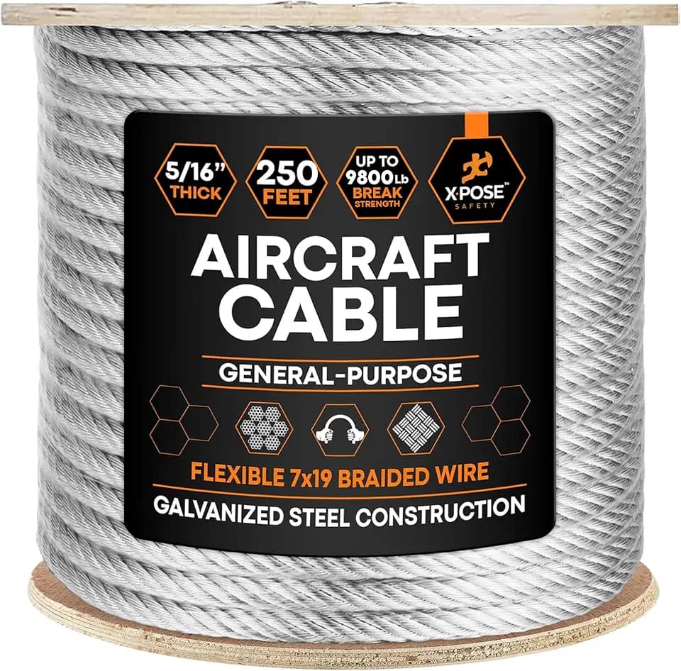 Xpose Safety 5/16" Galvanized Steel Aircraft Cable Wire – 250 ft Reel, 7x19 Strand, 9,800 lb Break Strength – for Pulley System, Winch, Marine, Deck Railing, Fencing, Zipline