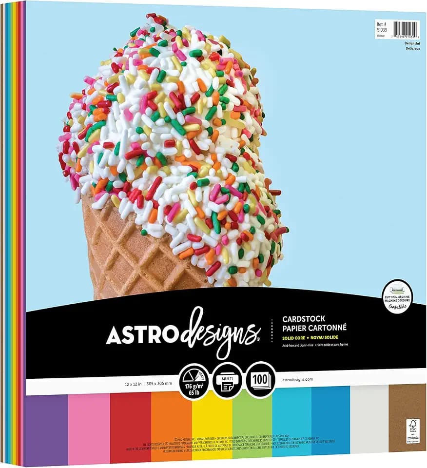 Astrodesigns Crafting Cardstock, 12" x 12", 65 lb/176 gsm, 10-Color Delightful Assortment, 100 Sheets (91039)
