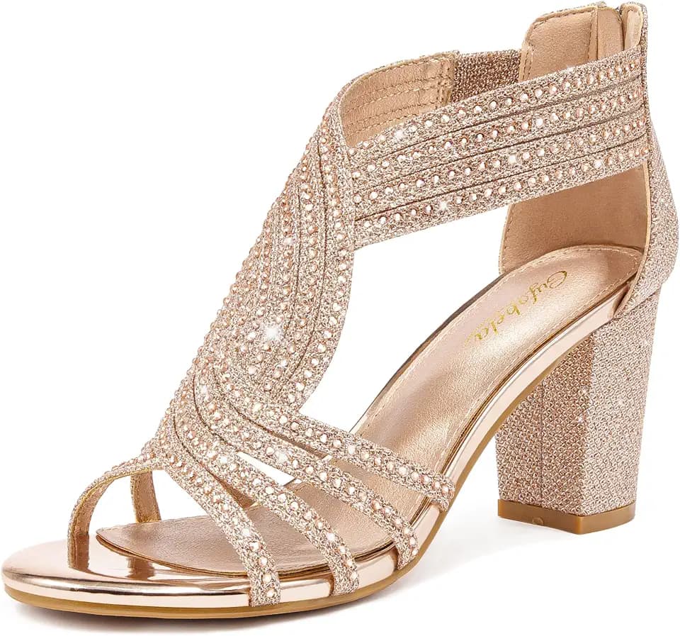 Women's Rhinestone Sparkly Chunky Block Heel Sandals Wedding Party