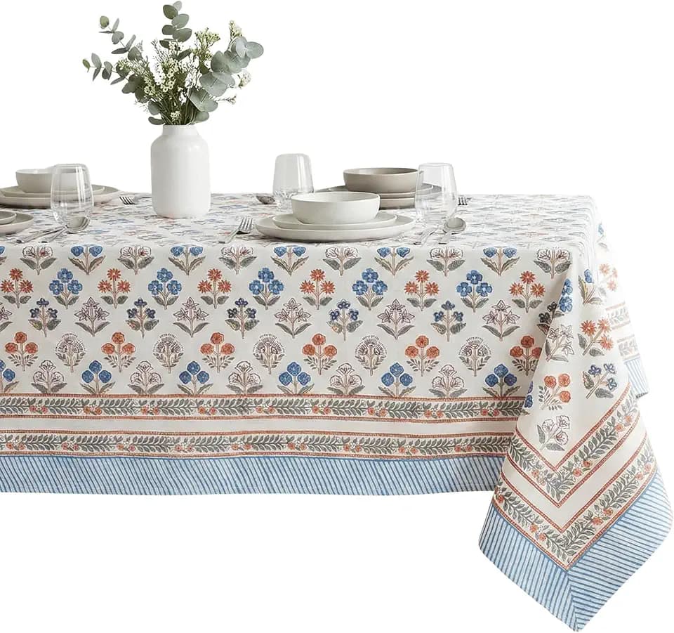 ATOSII Cotton Blockprint Rectangle Table Cloth, Flora Bloom, 108" X 60"
