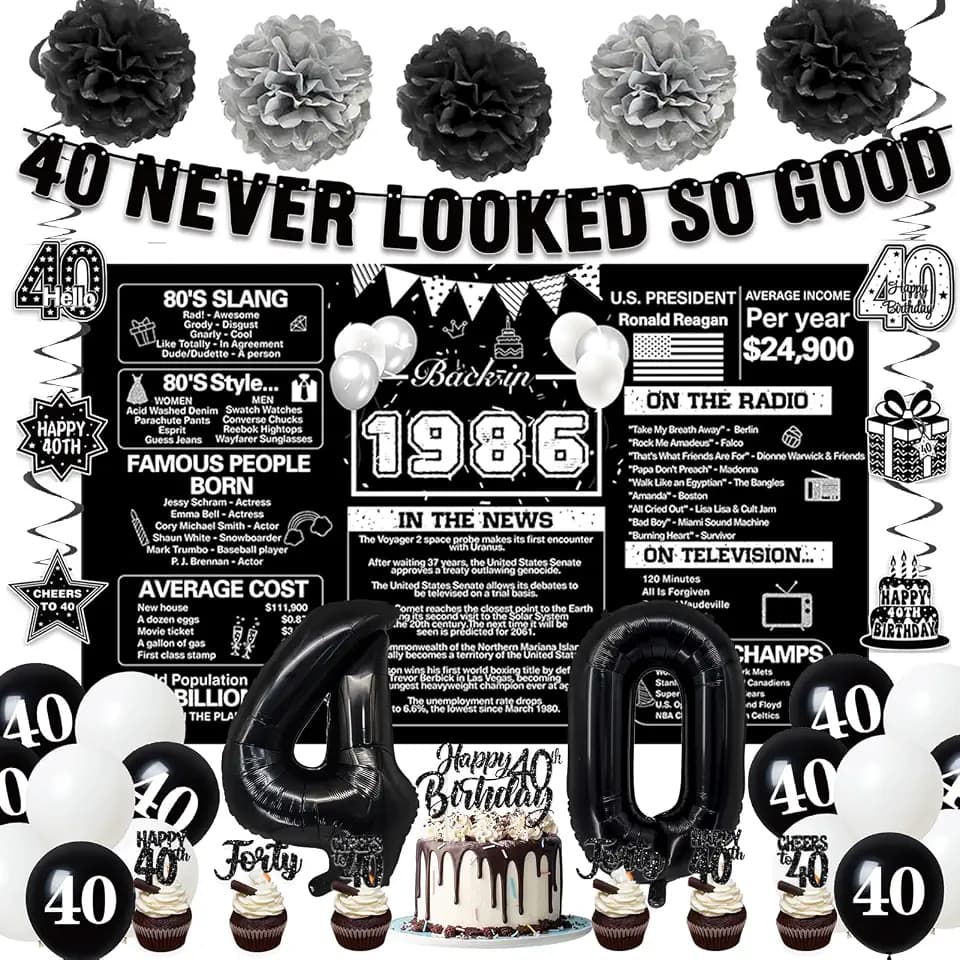 Crenics Black 1986 40th Birthday Decorations for Men Women