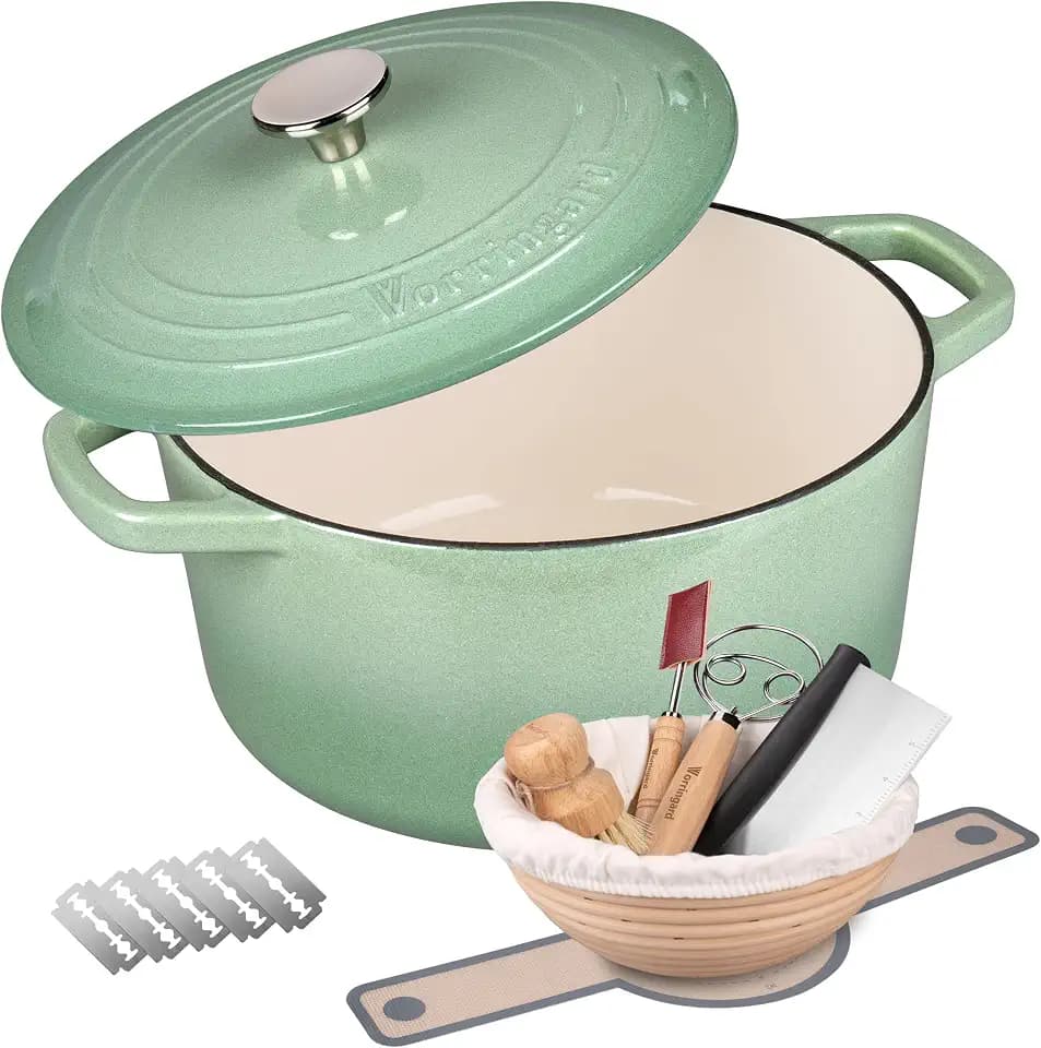 VORRINGARD Enameled Cast Iron Dutch Oven Pot with Lid, for Bread Baking, Round Bread Oven- include Sourdough Bread Baking Supplies set, 4.5QT, Sage Green