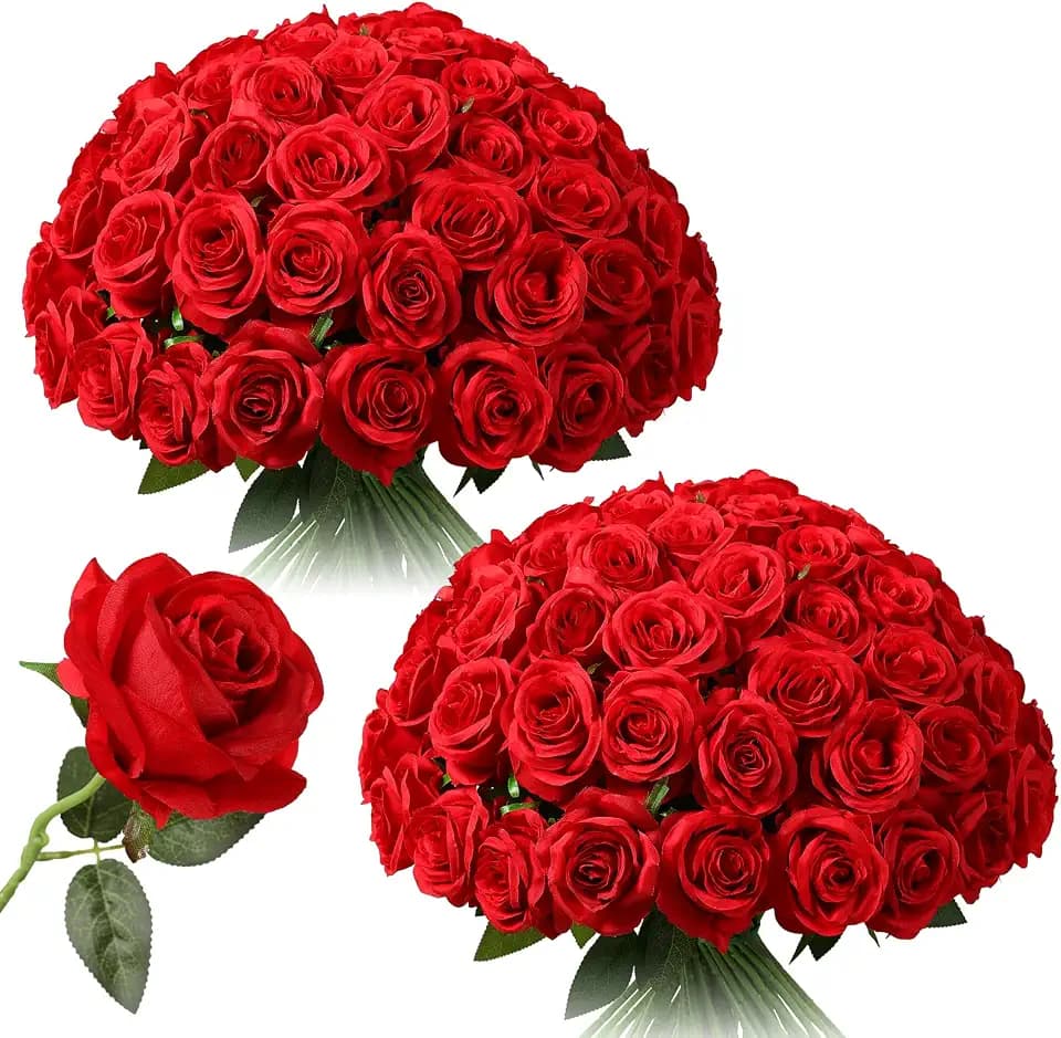 Tifuly 50Pcs Roses Realistic Long Stem Fake Silk Artificial Flowers Red